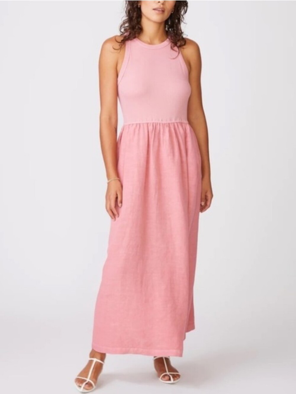 Stateside Linen Blend Mixed Media Racerback Tank Midi Dress Pink Mauve S Small